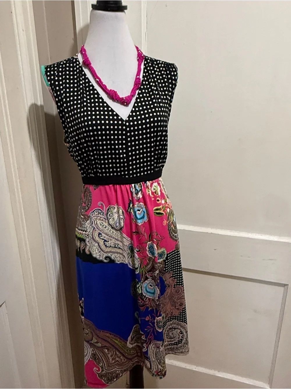 24/7 Comfort Apparel Black Polka Dot Pink & Blue Paisley Midi Dress 1X